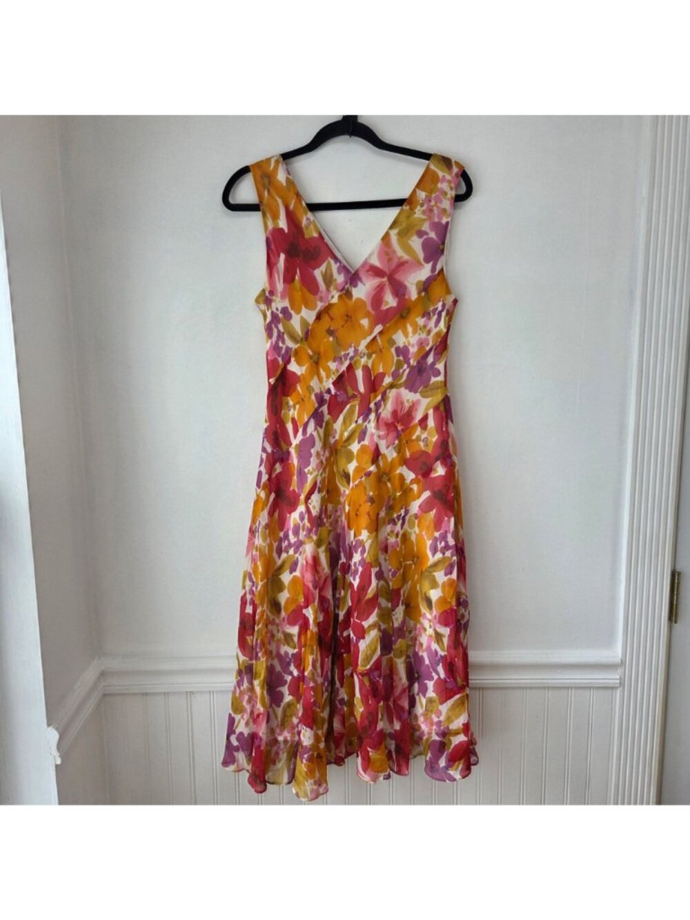 VTG Talbots Pure 100% SIlk Sleeveless Y2K Floral Midi Dress Fit and Flare 12 - Picture 2 of 9